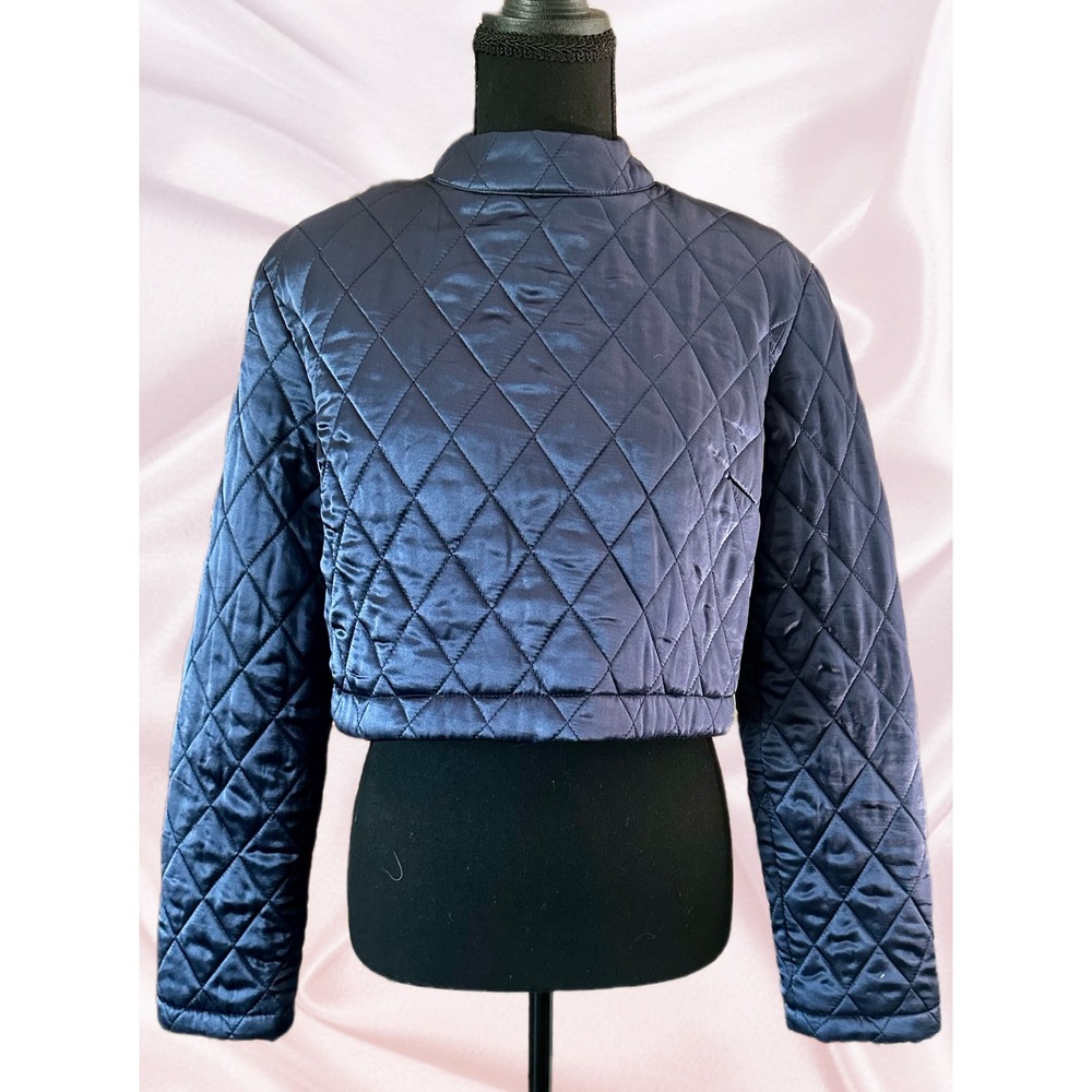 House of Holland Jacket 100% Silk Navy Blue Quilted Cropped Mock Neck Jacket